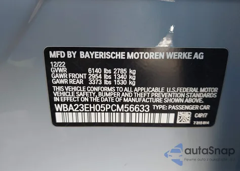 2023 BMW 740 I z USA, uszkodzony, nr VIN WBA23EH05PCM56633